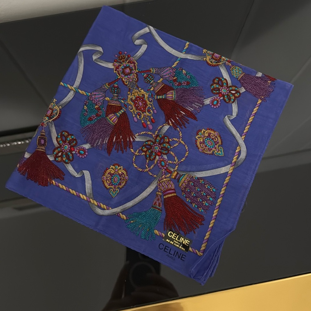 Celine Blue Silk Scarf with Multicolor Embroidery